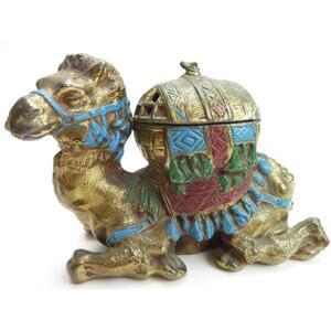 Vintage Brass Camel Inkwell Figurine - Middle Eastern Boho Decor Jar